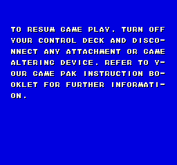 This message can be accessed with ROM address 80802D19 or Game Genie code FB64-470D. Note that "Resume" is spelled incorrectly.