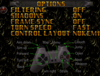 The options menu for Duke Nukem: Total Meltdown (NTSC-J), depicting several options and a render of a PlayStation controller.