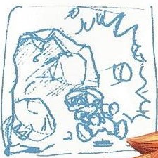 Concept art depicting Mario dashing into a wall and breaking it.