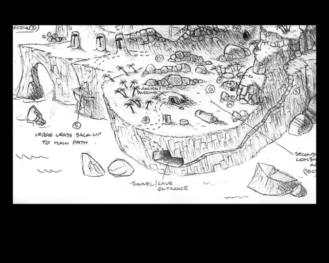 Concept art depicting Pacific Island with a cave entrance.