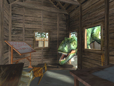 A screenshot of the inside of the shack with the Tyrannosaur posed to menac...