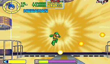 Mega Man jumping to avoid 3 small yellow energy balls.